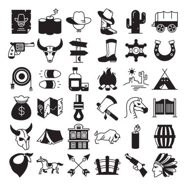 Kovboy ve Batı yaşam simgeleri vektör illüstrasyonu