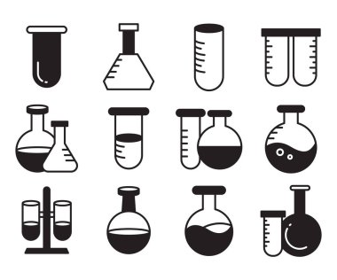 laboratuvar matarası ve tüp simgeleri vektörü ayarladı
