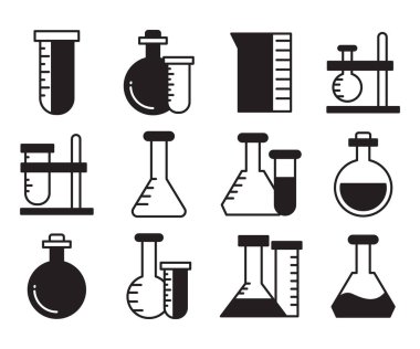 laboratuvar matarası ve tüp simgeleri vektörü ayarladı