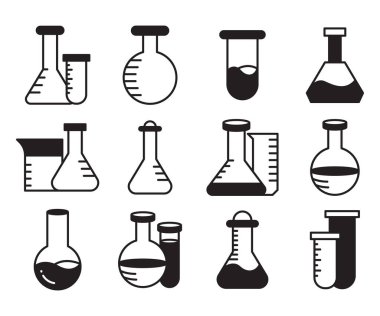 laboratuvar matarası ve tüp simgeleri vektörü ayarladı