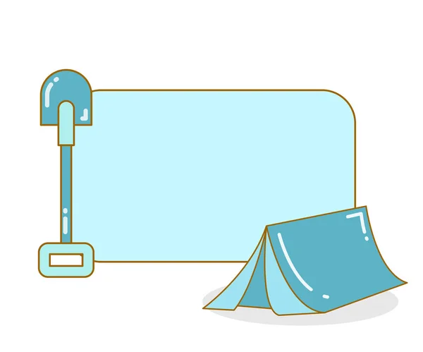 キャンプテントとシャベルベクトルイラスト付きの空白の板 — ストックベクタ