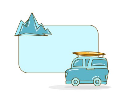 Eğlence aracı ve dağ vektörü illüstrasyonlu boş not tahtası