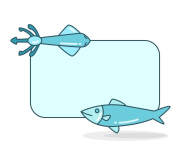 Mürekkep balığı ve balık vektör illüstrasyonlu boş not tahtası