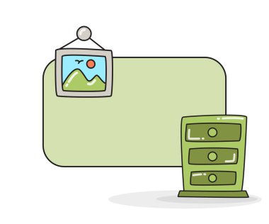 Kabine ve resim çerçeve çizimi olan boş not tahtası