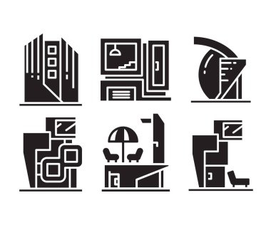 modern building and office icons set