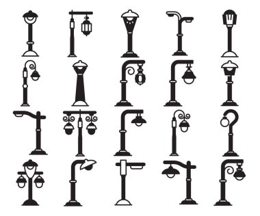 sokak lambası ve lamba simgeleri vektörü ayarlandı