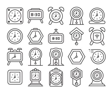 clock and alarm clock icons set line vector illustration