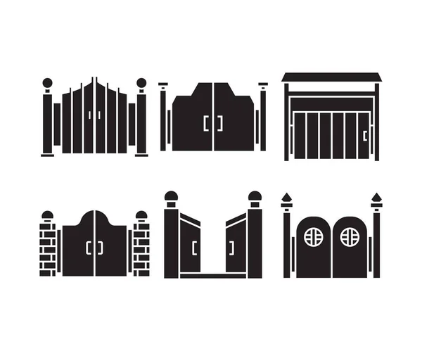 Casa Portão Ícones Conjunto Ilustração —  Vetores de Stock