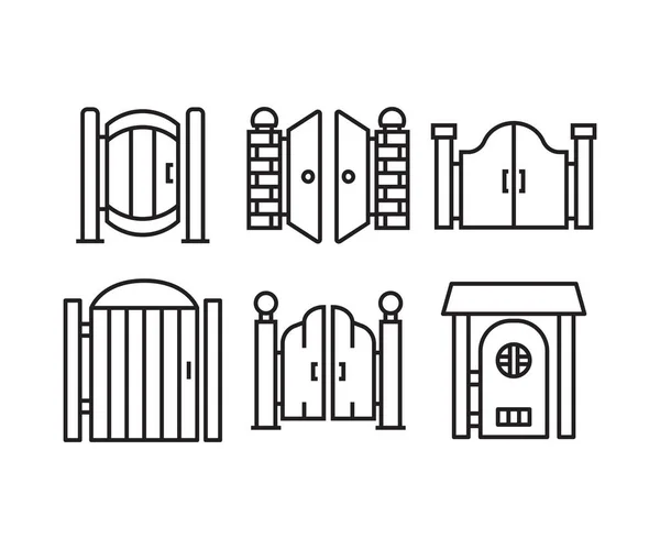 House Gate Icons Set Line Illustration — Stock Vector