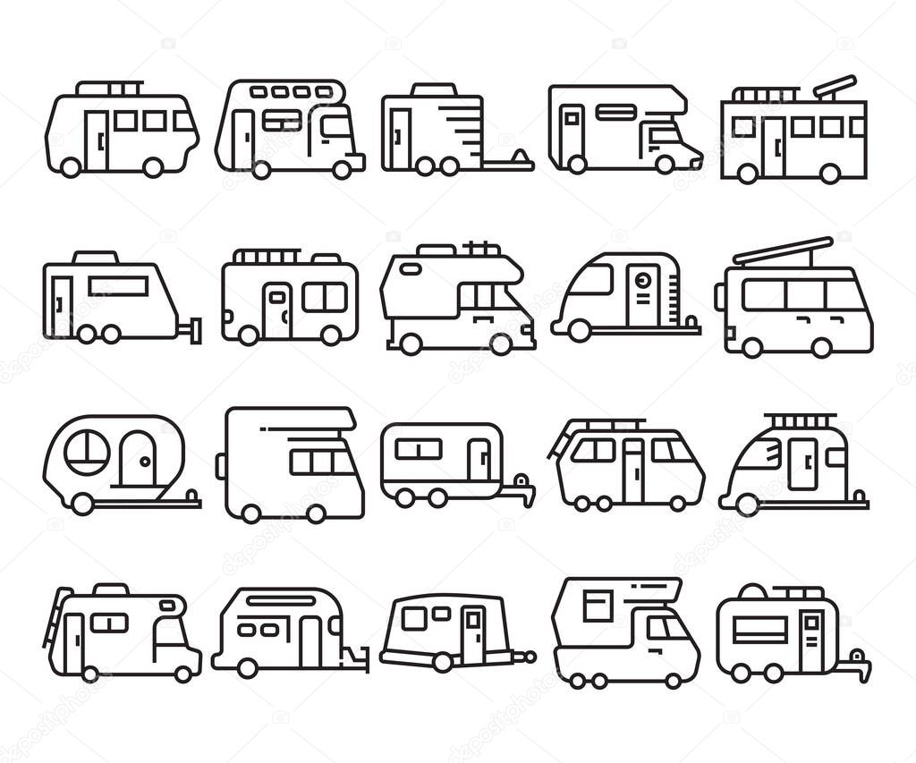 motorhome and recreational vehicle trailer icons set