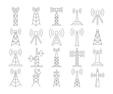 Verici kulesi ve radyo direği simgeleri ince çizgi illüstrasyonunu ayarlayın