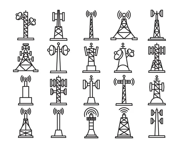 Set Icone Albero Radio Torre Rete — Vettoriale Stock