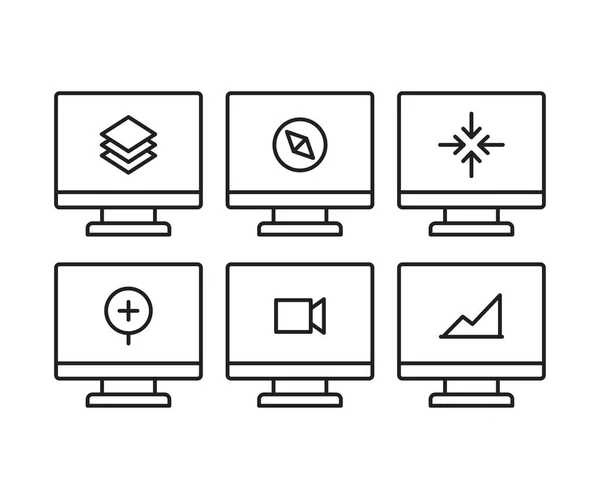Desktop Computer Und Benutzeroberfläche Zeilensymbole Vektorillustration — Stockvektor