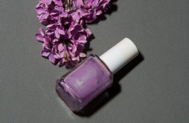 Gri arka planda leylak rengi oje ve leylak.