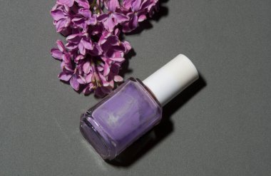 Gri arka planda çok Peri tırnak cilası ve leylak.