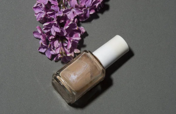 Gri arka planda bej oje ve leylak.