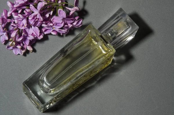 Gri arkaplanda leylaklı parfüm
