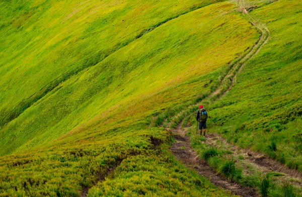 Hombre Con Una Mochila Camina Por Sendero Montaña —  Fotos de Stock