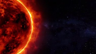 4K Zoom in Solar Sun on Side Galaxy Space Background. Uzayda Isı Bozma Güneşi Üzerindeki Yanan Ateş