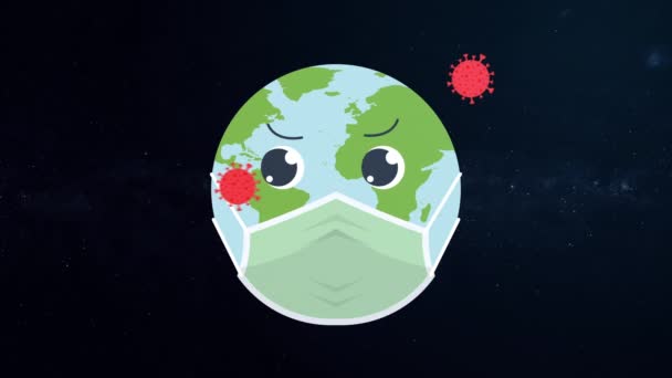 Loop Animationかわいい地球はマスクを取るそれを囲むコロナウイルスから恐れている コロナウイルスを防ぐための結合力 — ストック動画