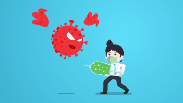 商人带着面具 用疫苗杀死了科罗纳病毒 4K循环动画 充分保护自己远离疾病 消除恐惧 — 图库视频影像