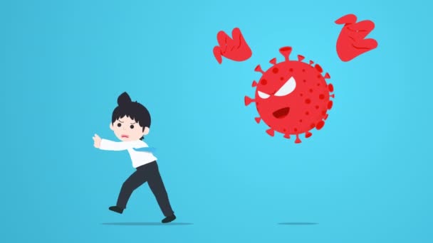 Business Man Utíká Corona Virus Covid Loop Animation Problém Bariérou — Stock video