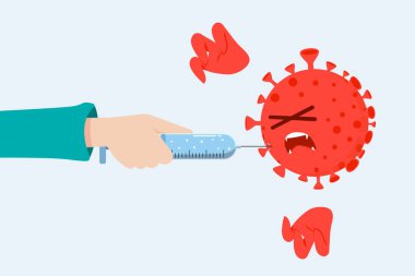 Düz El Coronavirus COVID 'e karşı aşı şırıngası tutuyor.
