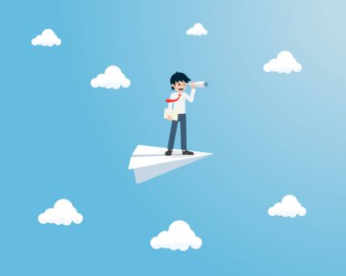 Maaşlı Adam elinde dürbünle kağıttan uçakta durur ve hedefi bulur. Gidin ve hedefinizi bulun..