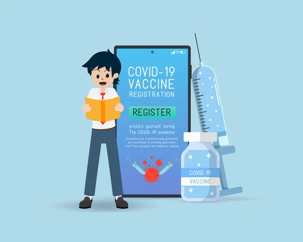 Salary Man Read Guide How Register Coronavirus Vaccine 접종은 세대를 — 스톡 벡터