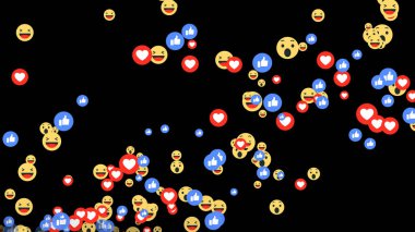 Social Media Emotional Icons Floating Continuously In Black Background. Like button, Love, react emotion icon animated with transparent alpha channel. Social media icons.