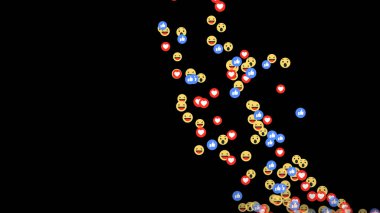 Emotional Social Media Icons Floating Continuously  From Side In Black Background. Like button, Love, react emotion icon animated with transparent alpha channel. Social media icons.