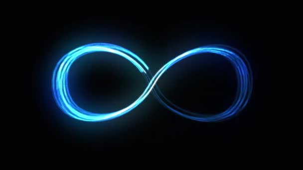Loopエンドレス無限または無限の高速ラインテクノロジーの背景 無限シンボル黒の背景に複数の輝線無限記号 — ストック動画
