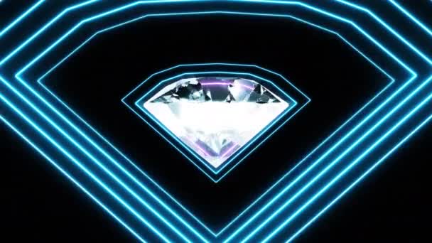 4K概要クリスタルダイヤモンドネオンライトVjループ背景ループアニメーション 3Dレンダリング美しいクリスタルダイヤモンド宝石ラウンド屈折虹の反射を輝く — ストック動画