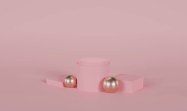 3D Rendering Pink Gold Minimal Mockup Product Showcase 3D Illüstrasyon Sahne Arkaplanı. Ürün sunumu için soyut 3d render Mockup podyumu En az temiz arkaplan göster.