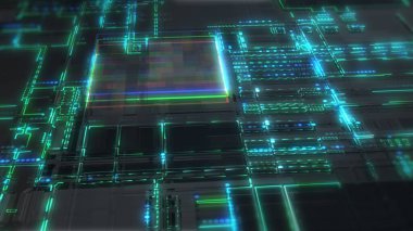 Dijital devre panosunda hızlı çalışan akış hatları işleniyor. Zeka yapısı işleme teknolojisi