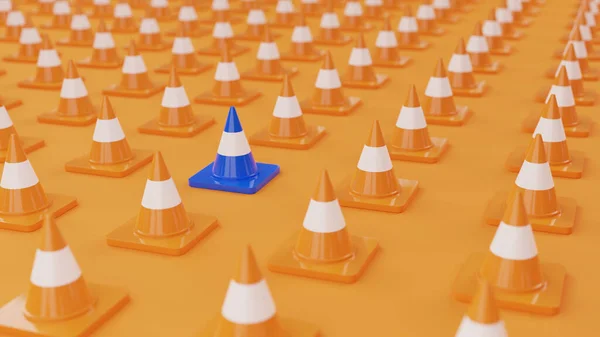 3D Rendering Blue Traffic Cone In a lot of Orange Traffic Cone 3D Illustration Background. A traffic sign that tells what\'s going on.