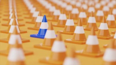 Bir sürü Turuncu Trafik Konisi 3D Görüntü Arkaplanında 3D Farklı Mavi Trafik Konisi Hazırlama. Neler olduğunu anlatan bir trafik levhası..
