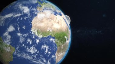 3D Render Close Up Earth World Planet And Show Up Moon From Behind On Galaxy Space 3D Illustration. Space. planet, galaxy, stars, cosmos, sea, earth, sunset, globe.