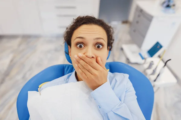 Overhead Shot Afraid Woman Sitting Dental Chair Female Client Covering — Stock Photo, Image