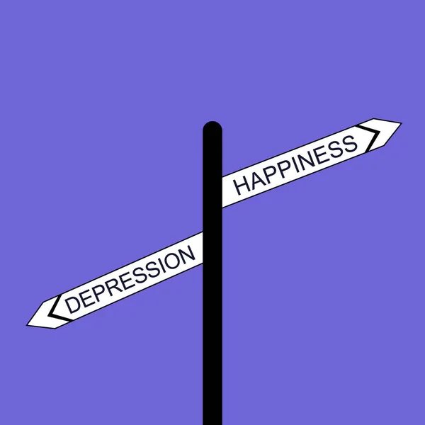 Un segnale stradale con indicazioni per la felicità e la depressione. Disturbi della personalità, disturbi mentali e concetto di salute mentale. Illustrazione vettoriale. Eps 10. — Vettoriale Stock