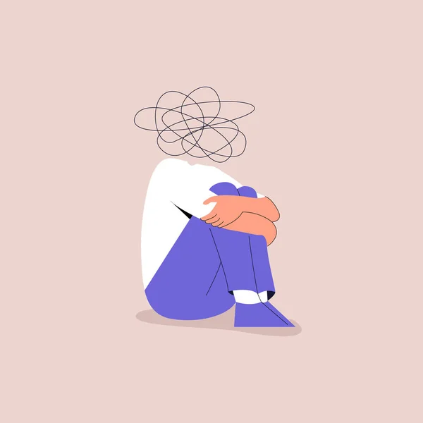 A frustrated man sits and hugs his knees. Nervous problem, anxiety and confusion in thoughts. Mental disorder and chaos in the head. A confusing process, a symbol of the line of chaos. Eps 10. — Stock Vector