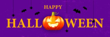 Cadılar Bayramı 'nda büyük bir balkabağı, yarasa ve örümceğin olduğu afiş partimiz kutlu olsun. Poster, pankart, parti davetiyesi için tatil şablonu. Vektör çizimi. Eps 10.