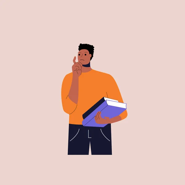 Elinde bir yığın kitap tutan düşünceli siyah bir öğrenci çenesine dokunuyor ve en iyi karar için fikir topluyor. Karar verme ve düşünme süreci kavramı. Vektör.
