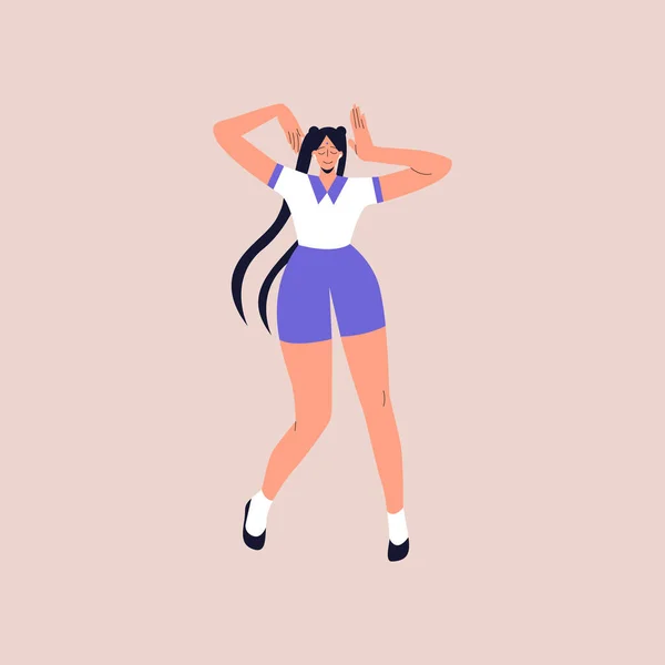 Happy young girl with long hair dance to the music while listening to it with earphones. Feminine cartoon character dancing from joy and fun. Vector illustration in flat style. Eps 10. — Stock Vector