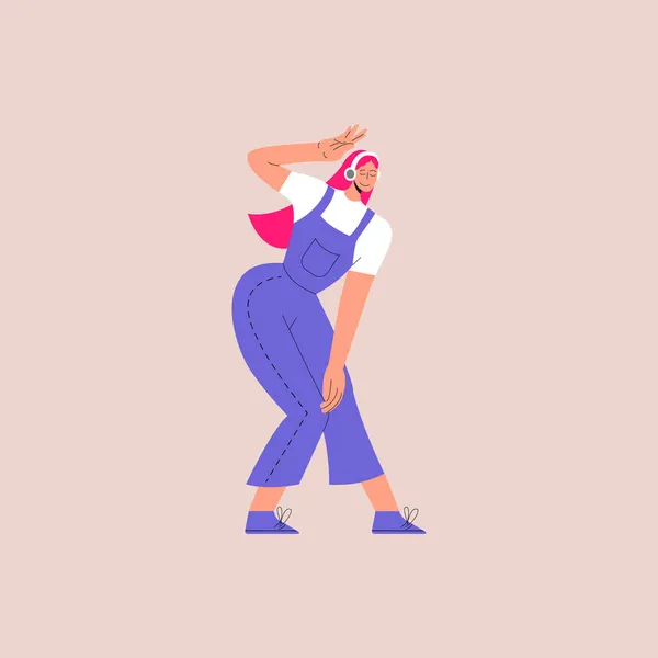 Linda chica de pelo rosa bailar a la música mientras se escucha con auriculares. Personaje femenino de dibujos animados bailando de alegría y diversión. Ilustración vectorial en estilo plano. Eps 10. — Vector de stock