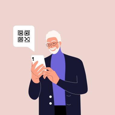 Elinde QR işareti olan akıllı telefonu tutan tatlı bir ihtiyar. Elektronik kimlik, kimlik, aşı pasaportu veya sertifika, QR doğrulama, online alışveriş. UI ve uygulama için düz vektör çizimi. Eps 10.