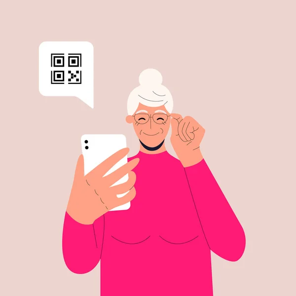 Χαριτωμένη ηλικιωμένη γυναίκα κρατώντας smartphone με QR σημάδι. Έννοια ηλεκτρονικής ταυτότητας, διαβατηρίου εμβολίου ή πιστοποιητικού, επαλήθευσης QR, διαδικτυακών αγορών. Επίπεδη διανυσματική απεικόνιση για UI, app. Eps 10. — Διανυσματικό Αρχείο