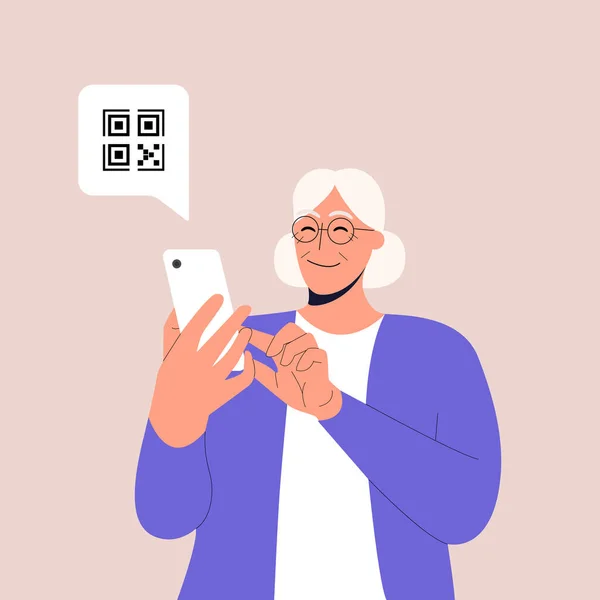 Χαριτωμένη ηλικιωμένη γυναίκα κρατώντας smartphone με QR σημάδι. Έννοια ηλεκτρονικής ταυτότητας, ταυτότητας, διαβατηρίου εμβολίου ή πιστοποιητικού, επαλήθευσης QR, διαδικτυακών αγορών. Επίπεδη διανυσματική απεικόνιση. Eps 10. — Διανυσματικό Αρχείο