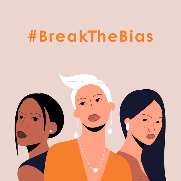 Farklı etnik gruptan bir grup kadının olduğu bir poster. Uluslararası Kadınlar Günü. 8 Mart. Etiket Bias Kırın. Sancak ve sosyal ağlar için düz stil vektör illüstrasyonu. Eps 10.