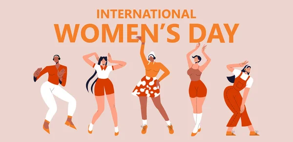 International womens day. Set of diverse modern young woman dancing from joy and fun. Flat vector illustration. Vector illustration in flat style for banner, social networks. Eps 10. — Stock Vector